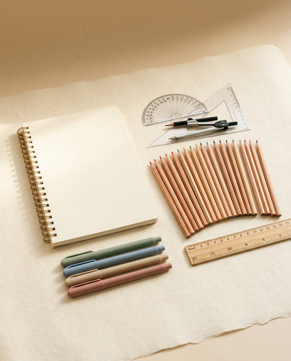 School supplies editorial photography on warm cream background